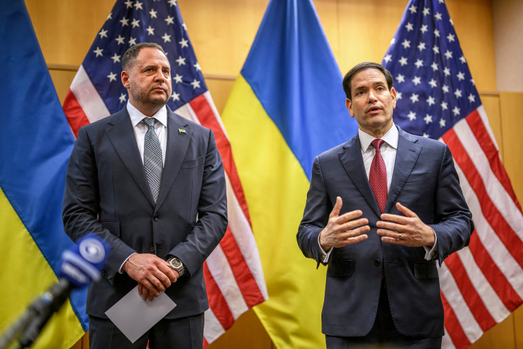 US Secretary of State Marco Rubio and Ukraine's Presidential Office Chief of staff Andriy Yermak hold a press conference.