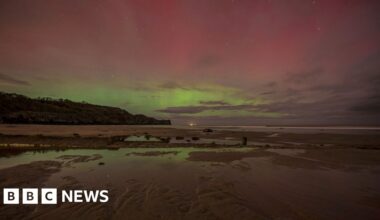 Red and green Northern Lights display above a dark beach
