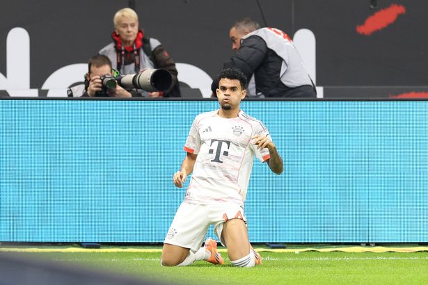 Luis Diaz of Bayern Munich celebrates scoring his team's first goal during the Bundesliga match between Eintracht Frankfurt and FC Bayern München at Deutsche Bank Park