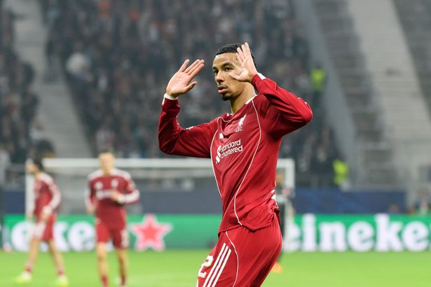 Hugo Ekitike of FC Liverpool celebrates after scoring his team's first goal during the UEFA Champions League 2025/26 League Phase MD3 match between Eintracht Frankfurt and Liverpool FC at Frankfurt Stadion 
