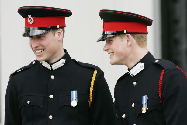 SURREY, ENGLAND - APRIL 12: Prince William in uniform as an officer cadet, laughs with his brother at the Sovereign's Parade at Sandhurst Military Academy where Prince Harry passed-out as commissioned officer Second Lieutenant Harry Wales of the Blues and Royals on April 12, 2006 in Surrey, England. (Photo by Tim Graham Photo Library via Getty Images)