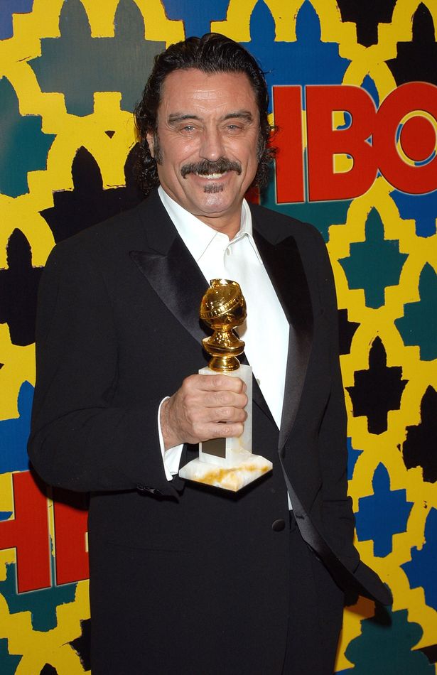 Ian McShane and his award for 'Best actor in a leading role - for Drama Series Deadwood' arrives at the HBO Golden Globe After Party at the Beverly Hilton Hotel on January 16, 2005 