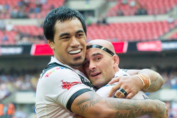 Hull FC's Mahe Fonua & Danny Houghton celebrate the 2016 Challenge Cup final victory at Wembley. 