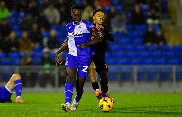 Kamil Conteh of Bristol Rovers battles for the ball with  Caleb Roberts of Plymouth Argyle during the Vertu Trophy Match between Bristol Rovers and Plymouth Argyle at Memorial Stadium on 11 November 2025. Photo: Tom Sandberg/PPAUK