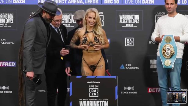 Boxing promoter Eddie Hearn famously doesn't know where to look during Ebanie Bridges' raunchy weigh-ins