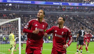 Virgil van Dijk of Liverpool FC (L) celebrates with teammate Hugo Ekitike after scoring his team's second goal during the UEFA Champions League 2025/26 League Phase MD3 match between Eintracht Frankfurt and Liverpool FC at Frankfurt Stadion on October 22, 2025 in Frankfurt am Main, Germany.