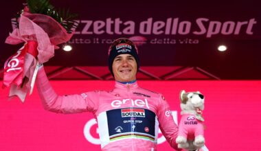 Giro d&#039;Italia 2023: Remco Evenepoel celebrates holding the overall lead
