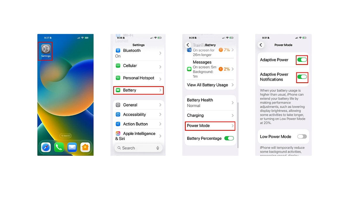 A guide shows how to enable Adaptive Power in iOS 26 on iPhone.