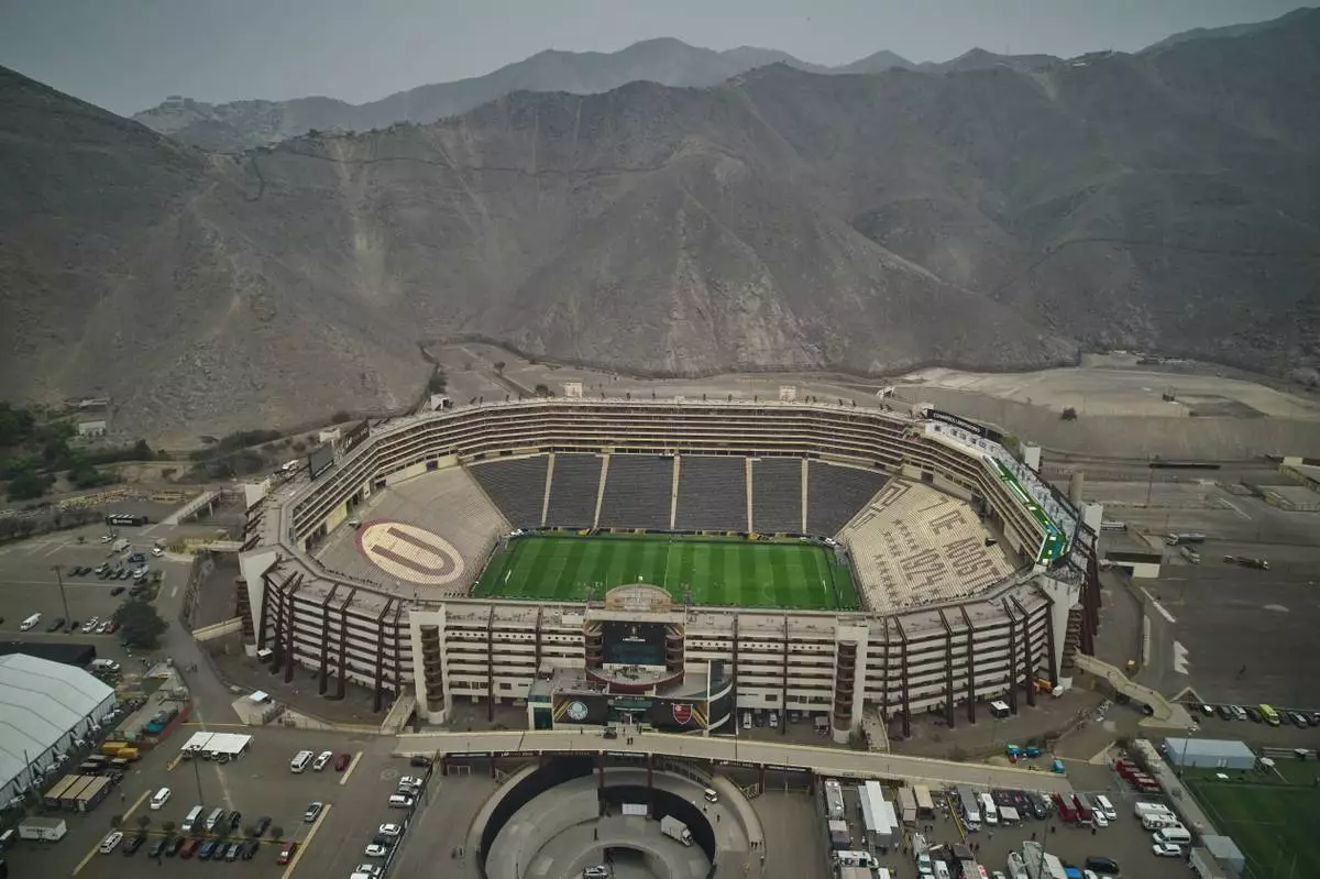 An aerial view of the Monumental stadium two days ahead of the Copa Libertadores championship final match between Brazil's Flamengo and Palmeiras, in Lima, Peru, Thursday, Nov. 27, 2025. (AP Photo/Martin Mejia)