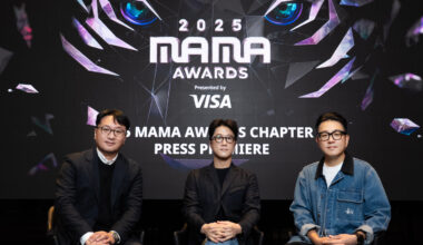 Producers for the 2025 MAMA Awards pose for photos during a press conference in western Seoul on Nov. 11. From left: Park Chan-uk, head of live entertainment at CJ ENM; Ma Doo-sik, producer of MAMA Awards and Lee Young-joo, producer of MAMA Awards [CJ ENM]