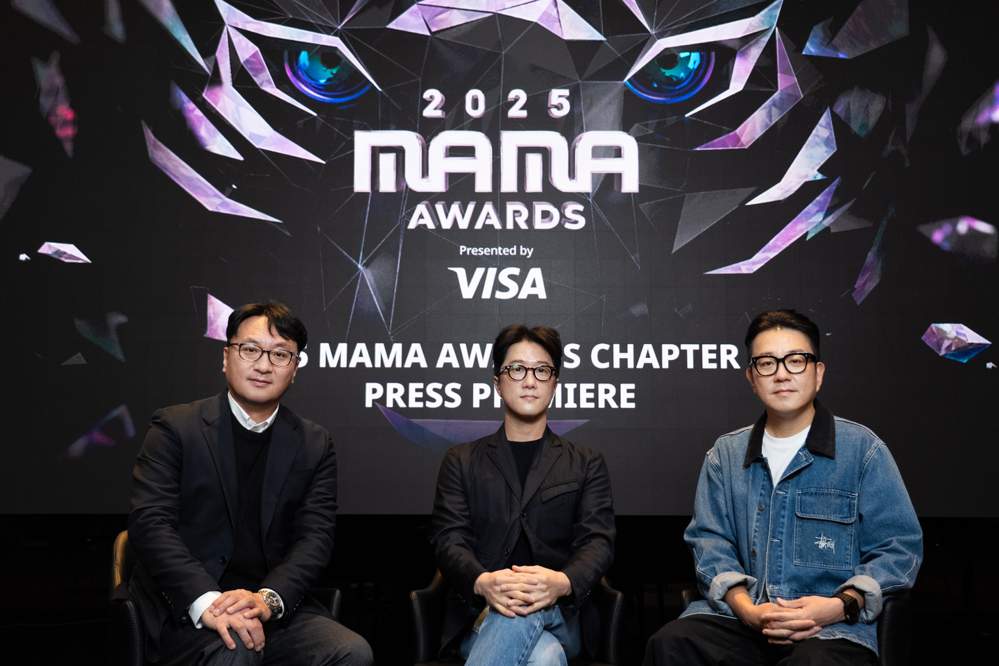 Producers for the 2025 MAMA Awards pose for photos during a press conference in western Seoul on Nov. 11. From left: Park Chan-uk, head of live entertainment at CJ ENM; Ma Doo-sik, producer of MAMA Awards and Lee Young-joo, producer of MAMA Awards [CJ ENM]