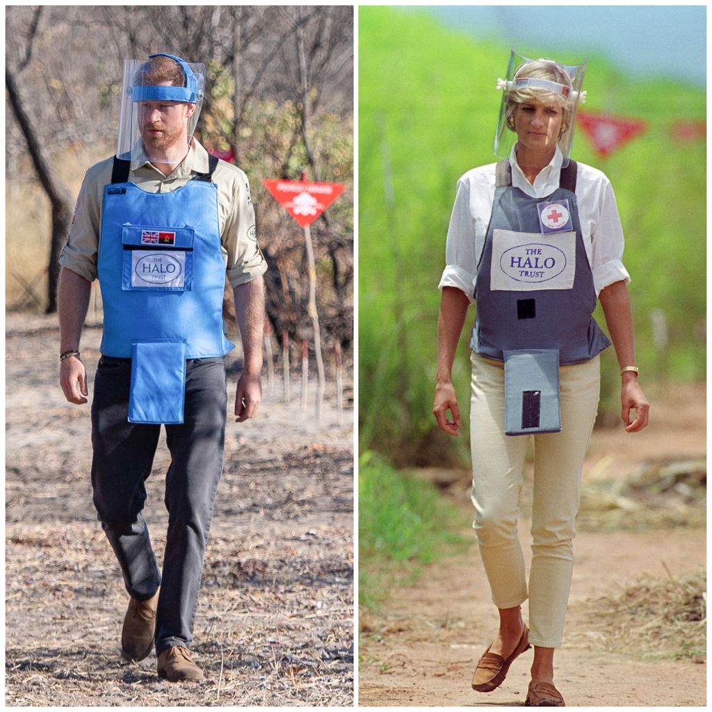 Prince Harry in Angola in 2019 and Diana in 1997