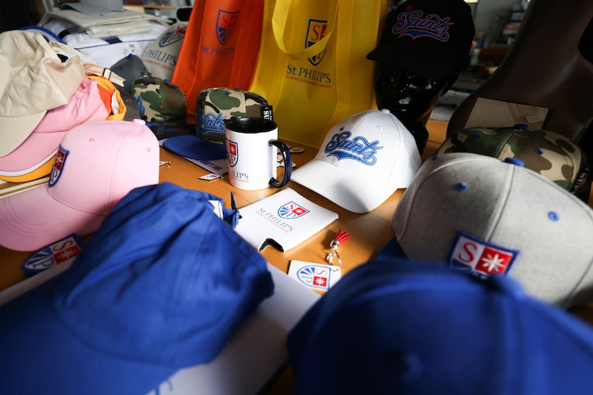 St. Philip's School and Community Center merch sits on a table at the WeCreation Center on...