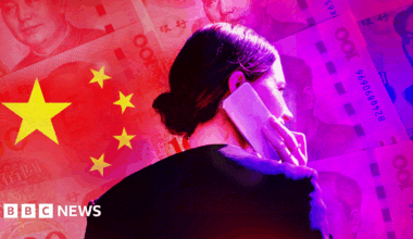 Designed image showing a woman holding a phone to her ear, against a backdrop of Chinese flag and currency
