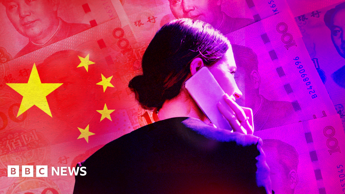 Designed image showing a woman holding a phone to her ear, against a backdrop of Chinese flag and currency