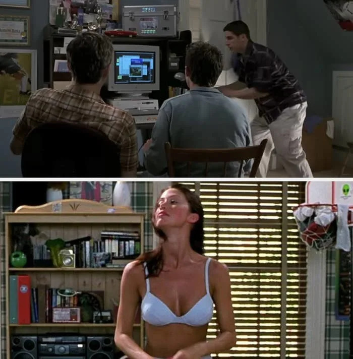 Top: Three people in a room, focused on a computer. Bottom: A person in a bra stands near media shelves and a basketball net in a casual setting