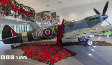 A World War Two Spitfire aircraft, which is a green and grey plane with numbers written on its side, in a room, covered in knitted poppies. Poppies are also hanging from a railing above the plane.