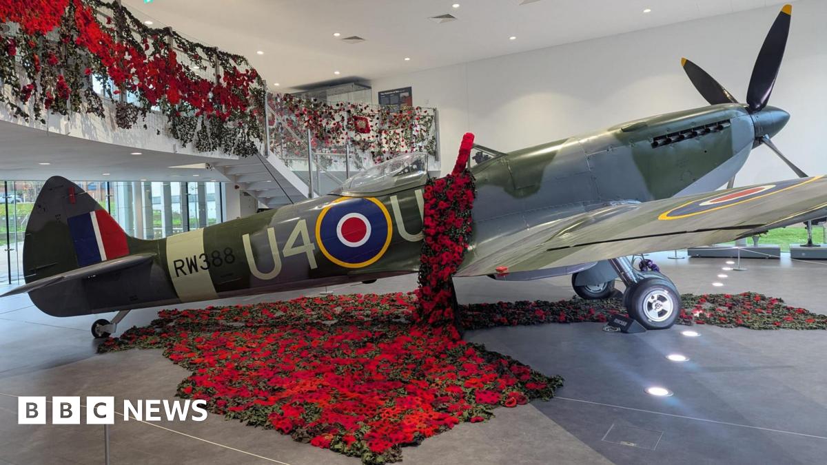 A World War Two Spitfire aircraft, which is a green and grey plane with numbers written on its side, in a room, covered in knitted poppies. Poppies are also hanging from a railing above the plane.