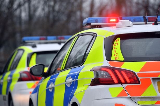 Police car from the back - a yellow and blue vehicle, with orange stripes on the back. The blue and red lights on top are flashing