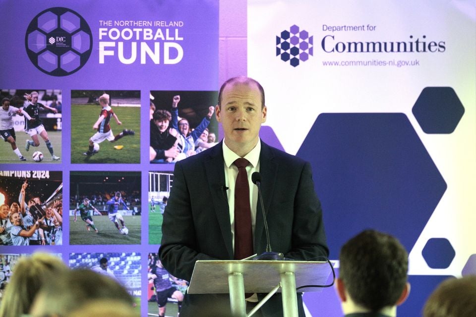 Sports Minister Gordon Lyons speaks at the Northern Ireland Football Fund launch