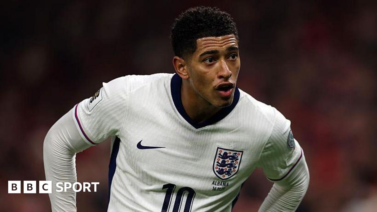 Jude Bellingham leans forward with his hands on his hips while playing for England against Albania in the 2-0 European World Cup qualifier victory in November 2025