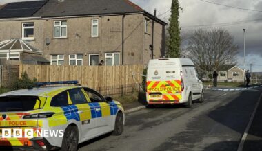 A police car and police van are parked next to the police cordon on a road near to houses, with two police officers behind the cordon.