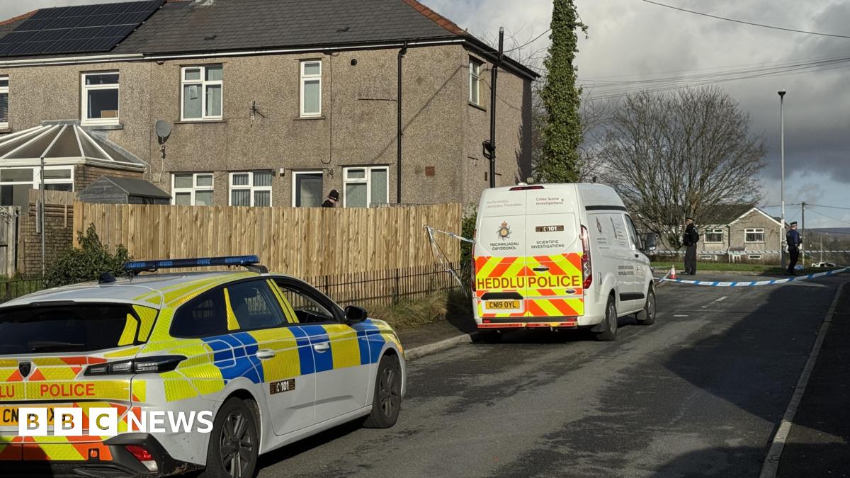 A police car and police van are parked next to the police cordon on a road near to houses, with two police officers behind the cordon.