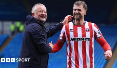 Sheffield United boss Chris Wilder (left) celebrates after the game with new signing Patrick Bamford