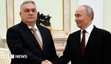 Russian President Vladimir Putin (R) and Hungarian Prime Minister Viktor Orban shake hands during a meeting at the Kremlin in Moscow, Russia, 28 November 2025.