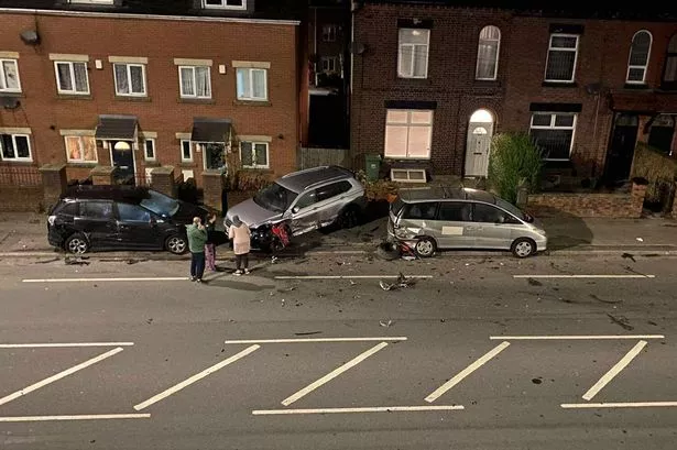 Three parked cars damaged following a crash in Over Hulton