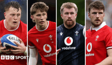 Four individual close-up pictures of players left to right: Evan Lloyd, Ellis Mee, Garyn Phillips and James Ratti