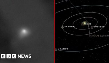 Splitscreen. Left, a telescope image of the 3I/Atlas comet. Right, a CGI diagram of the comet's path through the solar system.