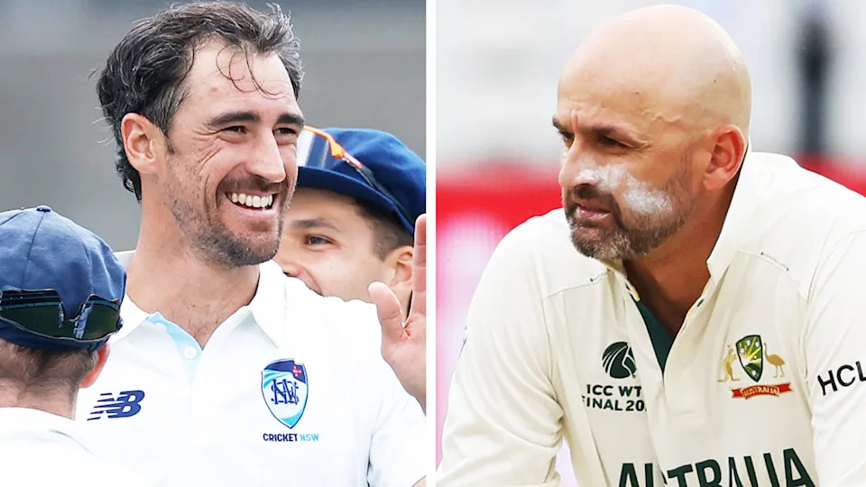 Aussie quick Mitchell Starc (pictured left) has implored the Australian curators to provide challenging wickets this summer in the Ashes, which could work against Nathan Lyon (pictured right) and his place in the XI. (Images: Getty Images)
