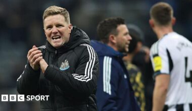 Eddie Howe celebrates after beating Manchester City
