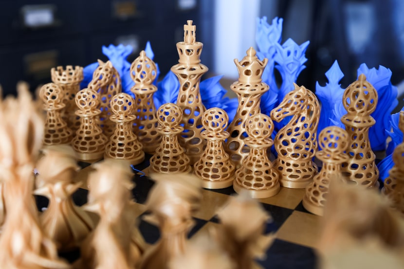 3D-printed chess pieces sit at the WeCreation Center on Wednesday, Nov. 5, 2025, in Dallas....