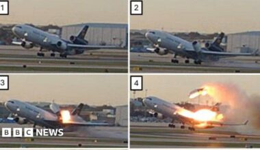 Four images showing the engine on the left wing of UPS cargo plane detach and explode on 4 November in Louisville, Kentucky