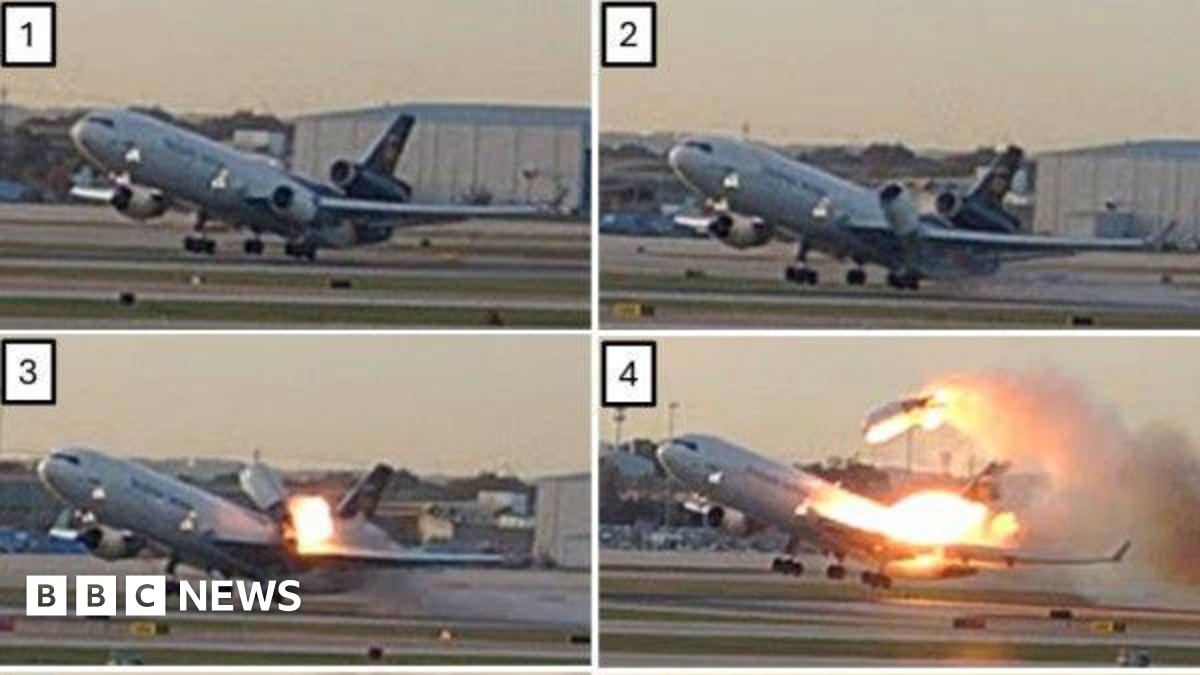 Four images showing the engine on the left wing of UPS cargo plane detach and explode on 4 November in Louisville, Kentucky