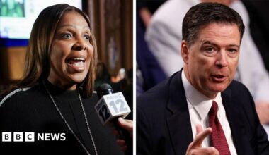 A split of Letitia James on the left in a black top and silver chain, and James Comey on the right with a red tire and dark suit coat. They are both at chest height and appear to be mid-conversation. She is speaking into a TV news mic and he appears to be surrounded by people