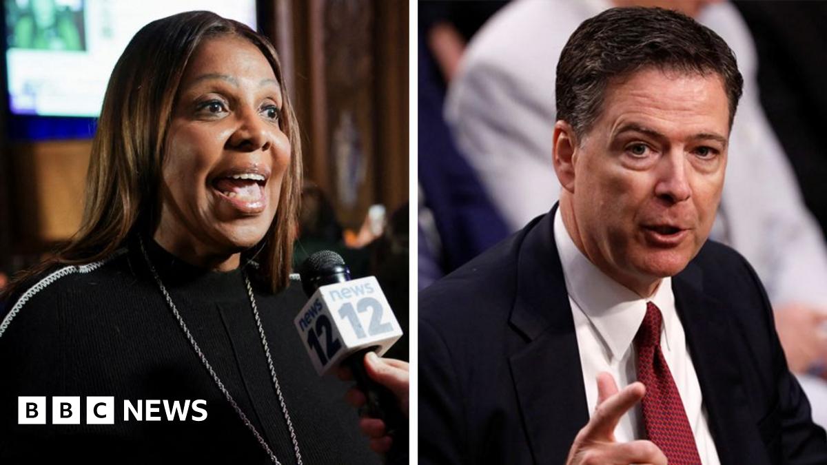 A split of Letitia James on the left in a black top and silver chain, and James Comey on the right with a red tire and dark suit coat. They are both at chest height and appear to be mid-conversation. She is speaking into a TV news mic and he appears to be surrounded by people