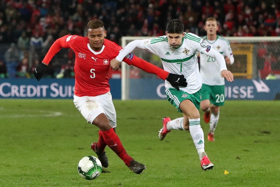 Jordan Jones in action during Northern Ireland's heartbreaking two-legged World Cup Play-Off loss to Switzerland in 2017