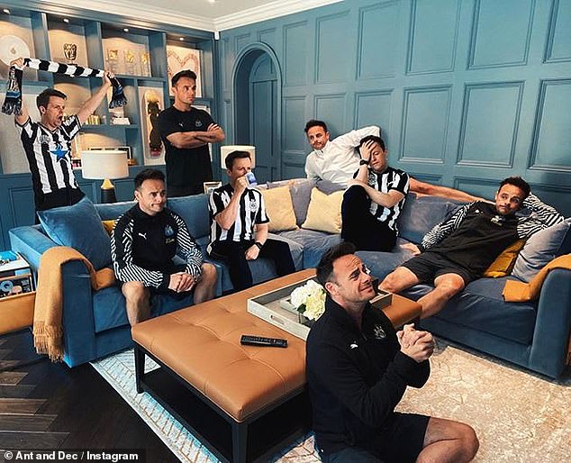 On social media, Ant and Dec previously shared this picture of McPartlin's living room which features a blue L-shaped sofa and a panelled wall painted in an eggshell blue