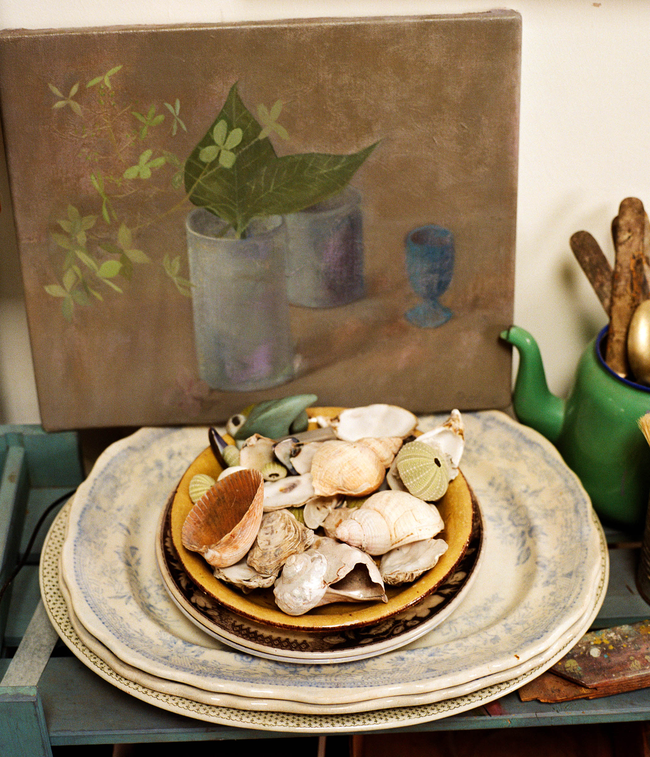 Small joys: one of Haidee Becker’s flower paintings with a plate of shells