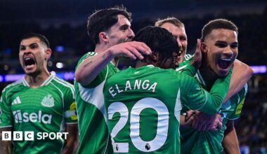 Malick Thiaw celebrates with his Newcastle United team-mates after scoring his second goal against Everton at the Hill Dickinson Stadium on 29 November, 2025
