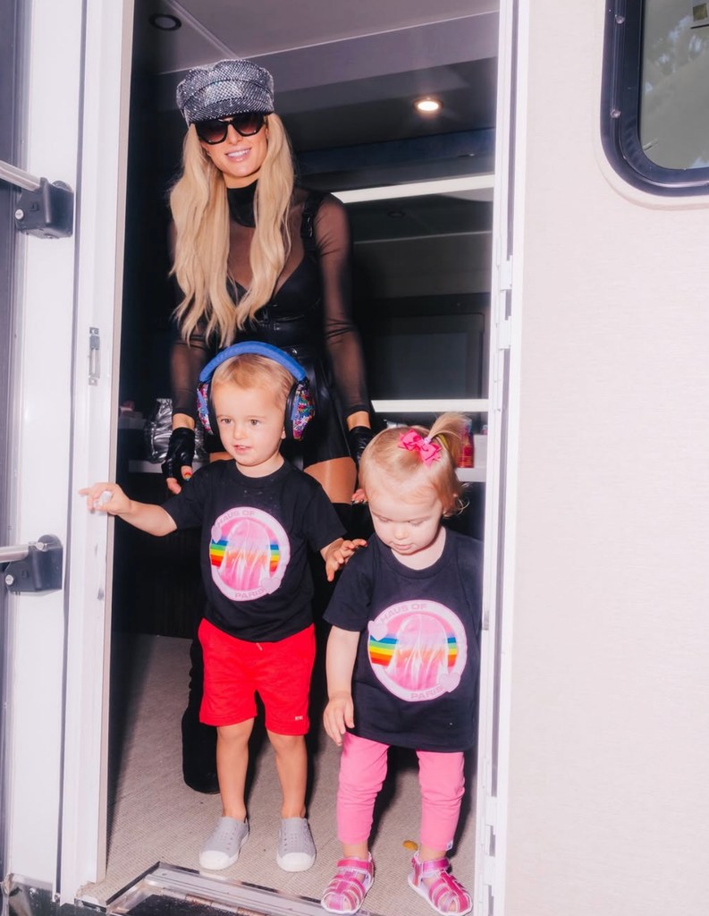 Photo shared by Paris Hilton on Instagram featuring her kids Phoenix and London as she performed at WeHo Pride