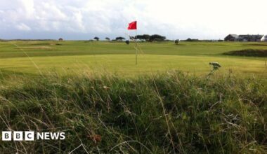 Golf course with red flag standing in hole and long grass bordering the fairway.