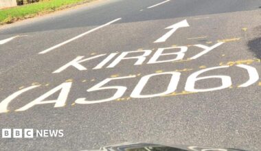 The worngly painted spelling of Kirkby on one of the town's roads.