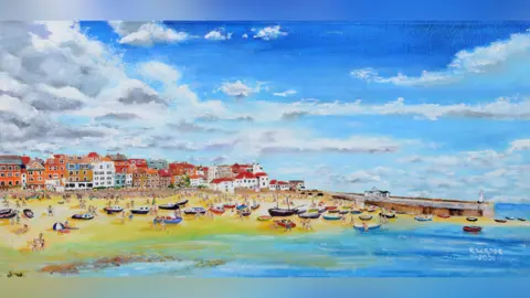 Robert Rose Colourful painting of St Ives beach and town by Robert Rose