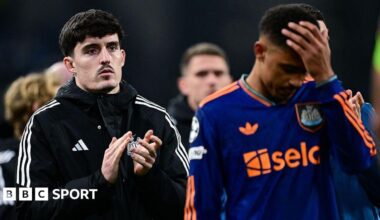Tino Livramento and Malick Thiaw react after Newcastle United's defeat against Marseille in the Champions League on 25 November, 2025
