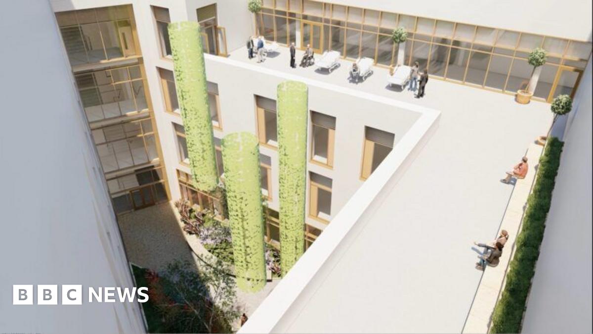 An artist's depiction of a large hospital building that is about four storeys high, with lots of windows and a courtyard area in the middle. There is a large balcony-type sky garden on the top floor, with greenery surrounding it and people sitting on long benches.