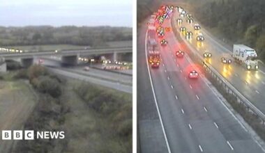 Two motorway photos side by side. The one on the right includes particularly heavy traffic on one of the carriageways at the top of the image.